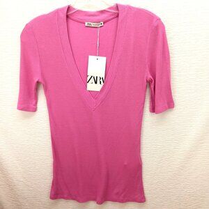 Zara Hot Pink Top, Deep V neck, Small, Lightweight, Soft, Super Cute!